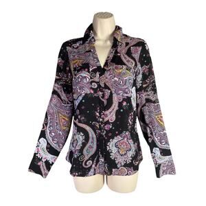 Express Women’s Paisley Button Down‎ Shirt XS Black Multicolor Boho Blouse